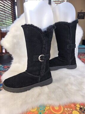 Melrose Ave. "Kylie" Black Suede Faux Fur Mid-Calf Winter Boots w/ Buckle Accent